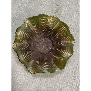 VINTAGE FENTON CARNIVAL GLASS‎ BOWL GREEN PEACOCK TAIL CRIMPED DISH